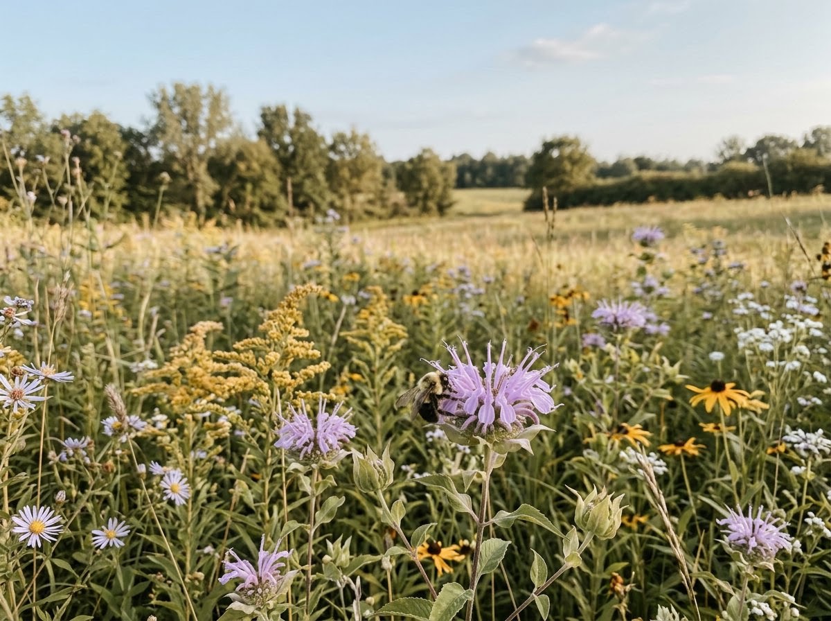 Native wildflower meadow in bloom with a bee on a blossom