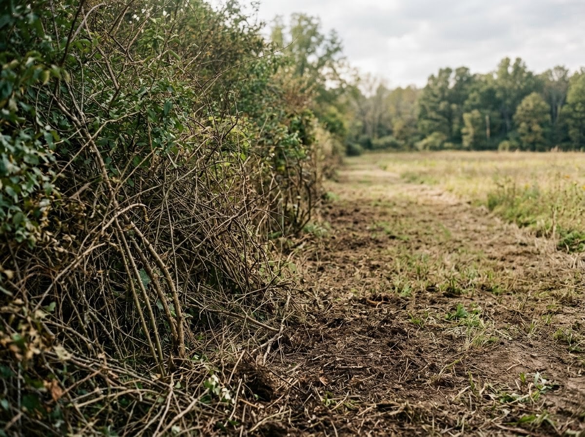 Cleared native meadow beside a dense tangle of invasive brush