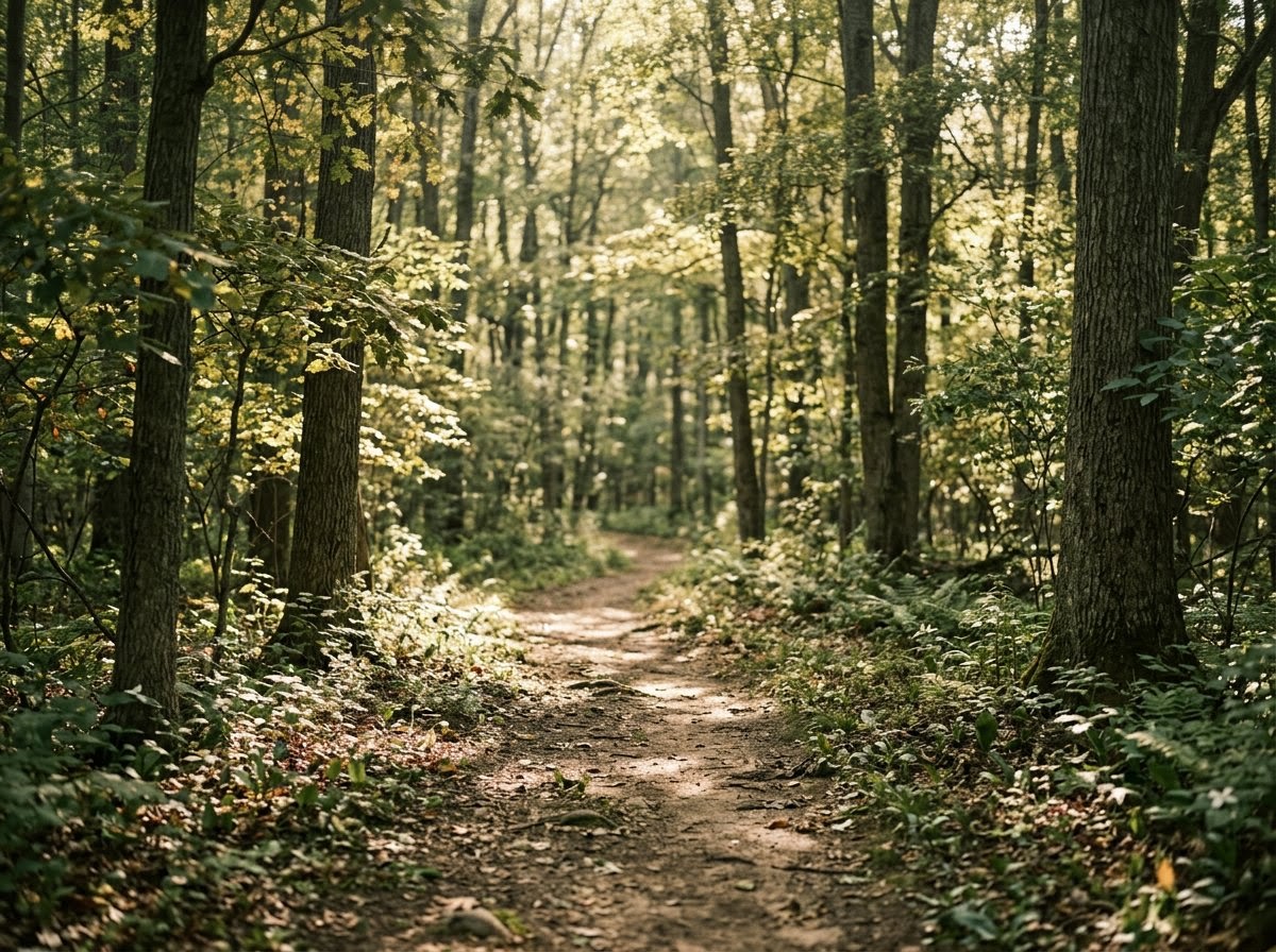 Sunlit woodland trail with dappled light on the forest floor
