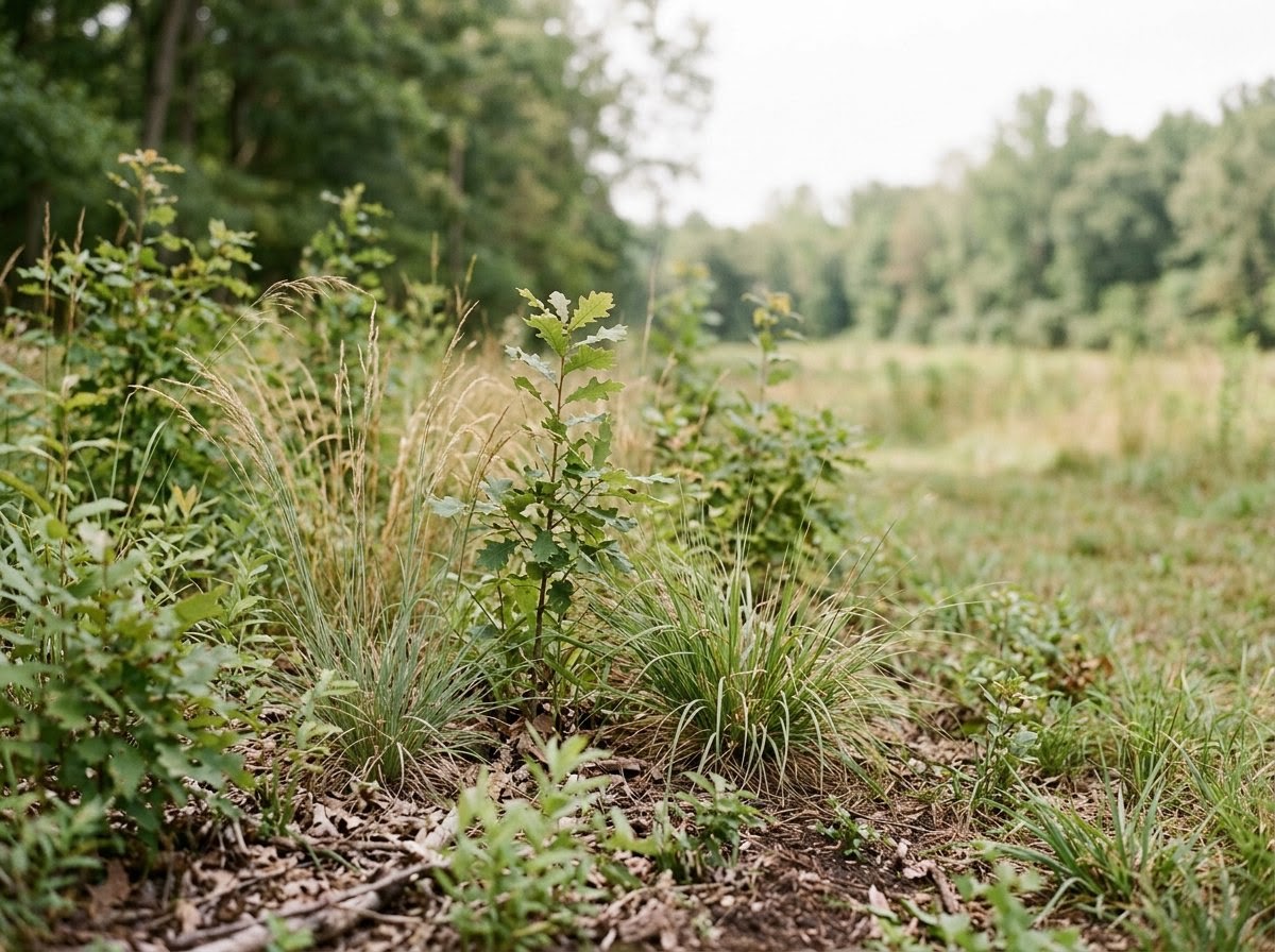 Native grasses and young saplings growing back in a restored clearing